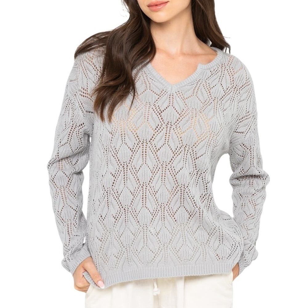 Peace Love World Boheme Open Stitch V-Neck Sweater Gray Casual Resort Top XL